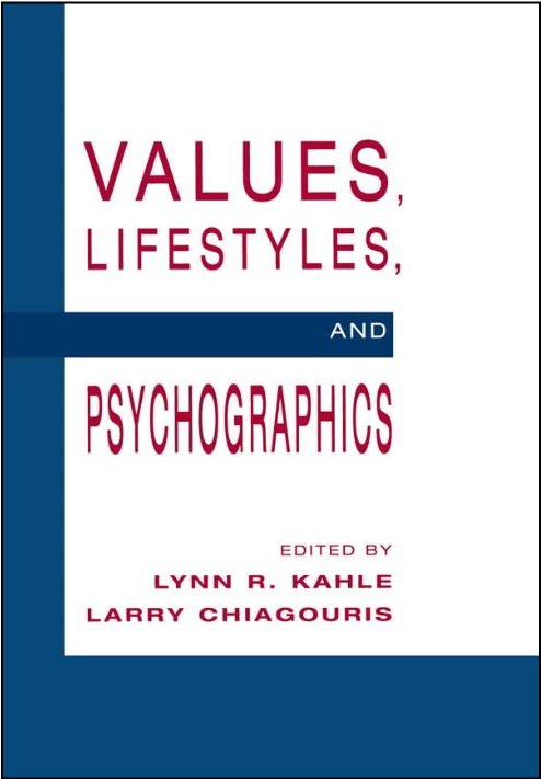 Poster with the text "Values, Lifestyles, and Psychographics" written in bold, black font against a white background